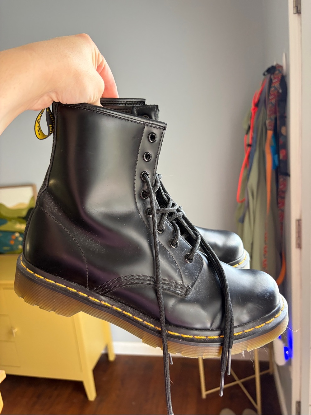Dr. Martens Black Leather Combat Boots with Yellow Stitching